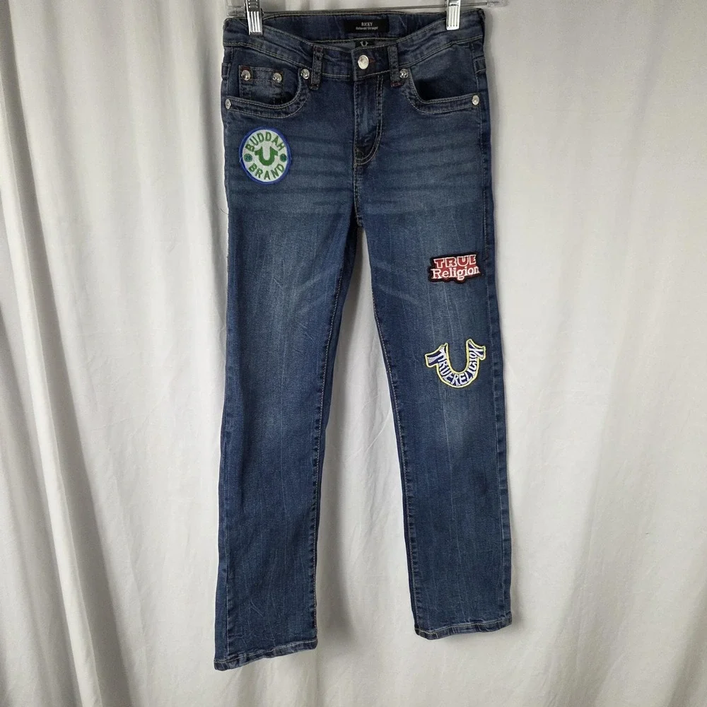 True Religion Jeans Youth 14 Blue Ricky Relaxed Straight Stretch Denim Patches